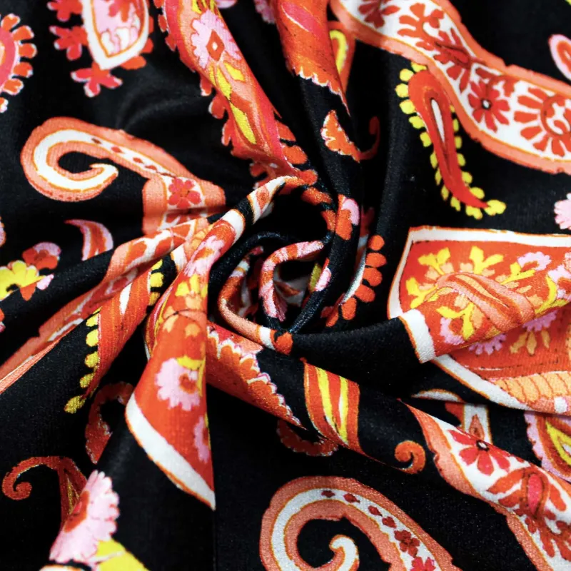 Velluto di Ciniglia fantasia Cachemire - Arancio Nero Giallo