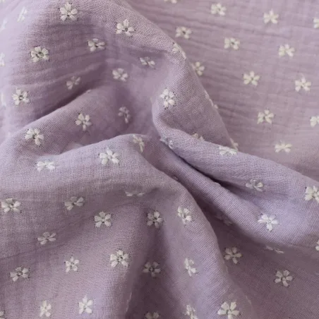 Mussola di cotone con fiori ricamati - Lilla | ILTESSUTAIO