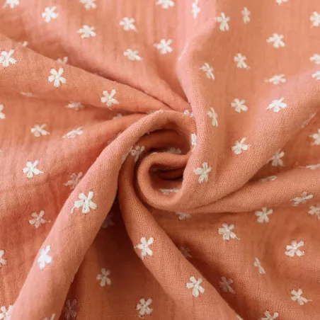 Mussola di cotone con fiori ricamati - Salmone | ILTESSUTAIO