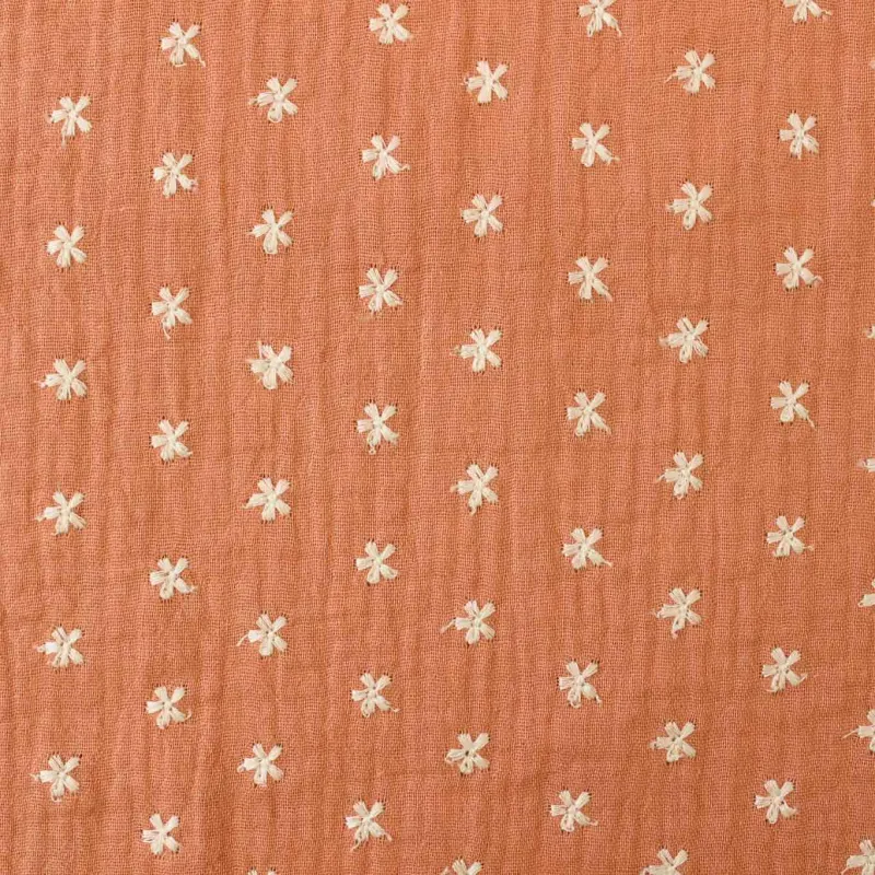 Mussola di cotone con fiori ricamati - Salmone | ILTESSUTAIO