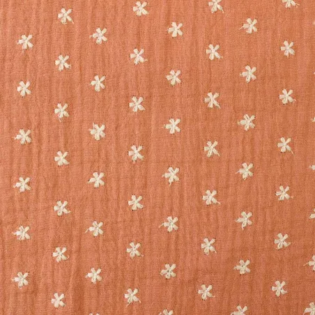 Mussola di cotone con fiori ricamati - Salmone | ILTESSUTAIO