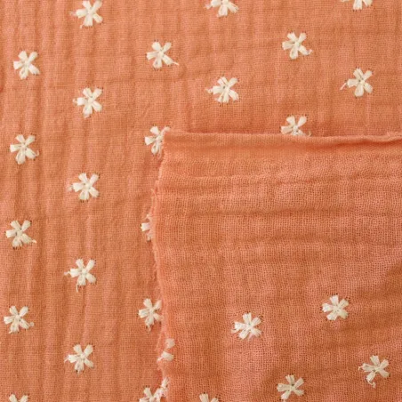 Mussola di cotone con fiori ricamati - Salmone | ILTESSUTAIO