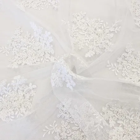 Pizzo con Fiori e Perline bianco| TESSUTI CERIMONIA