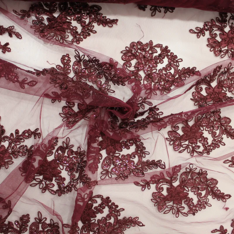 Pizzo con Fiori e Pailettes bordeaux | TESSUTI CERIMONIA