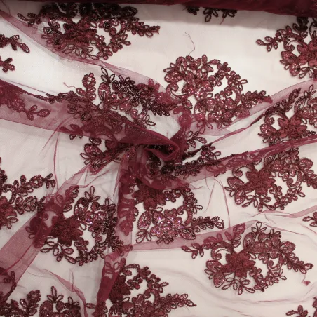 Pizzo con Fiori e Pailettes bordeaux | TESSUTI CERIMONIA