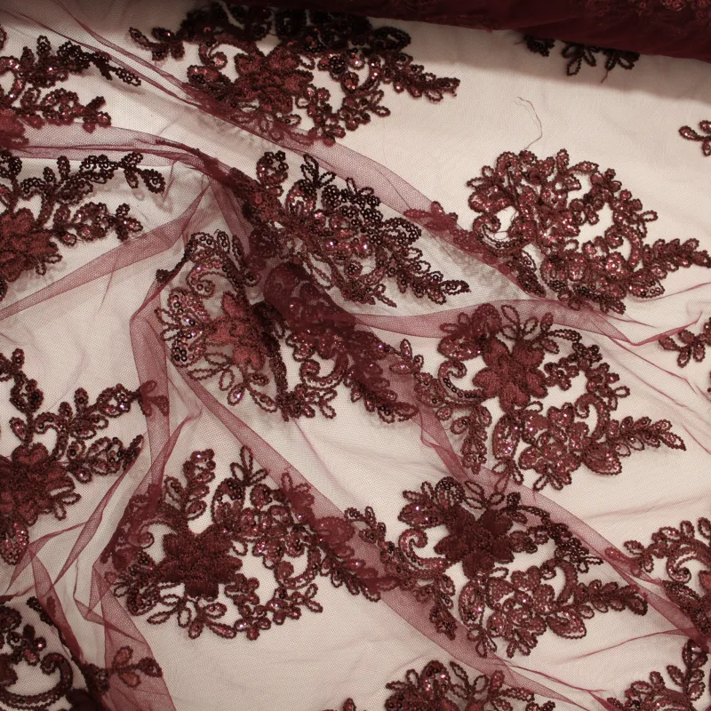 Pizzo con Fiori e Pailettes bordeaux | TESSUTI CERIMONIA