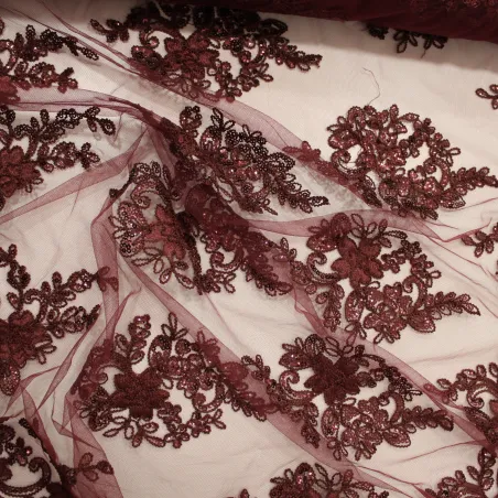 Pizzo con Fiori e Pailettes bordeaux | TESSUTI CERIMONIA