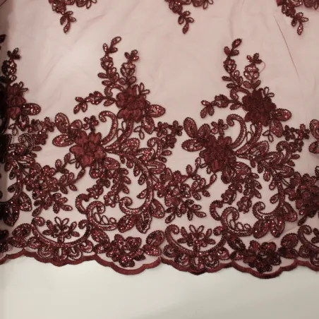 Pizzo con Fiori e Pailettes bordeaux | TESSUTI CERIMONIA