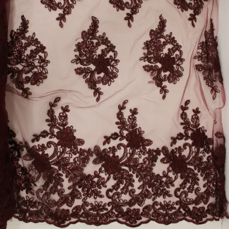Pizzo con Fiori e Pailettes bordeaux | TESSUTI CERIMONIA