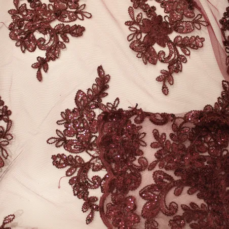 Pizzo con Fiori e Pailettes bordeaux | TESSUTI CERIMONIA