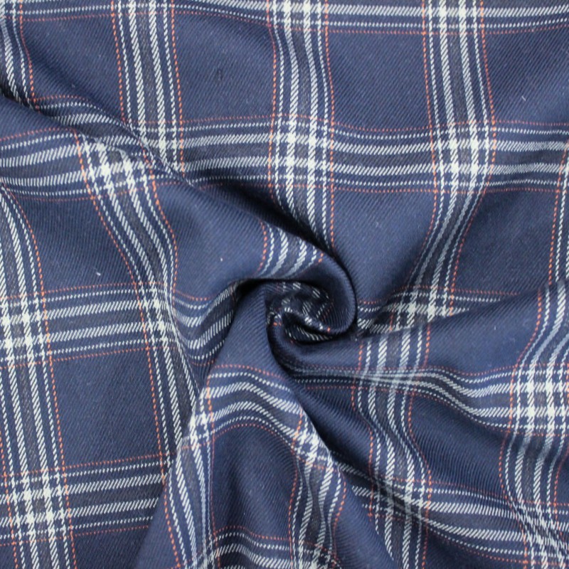 Tessuto tartan blu scuro quadri grigio e arancio | Tessuti scozzesi