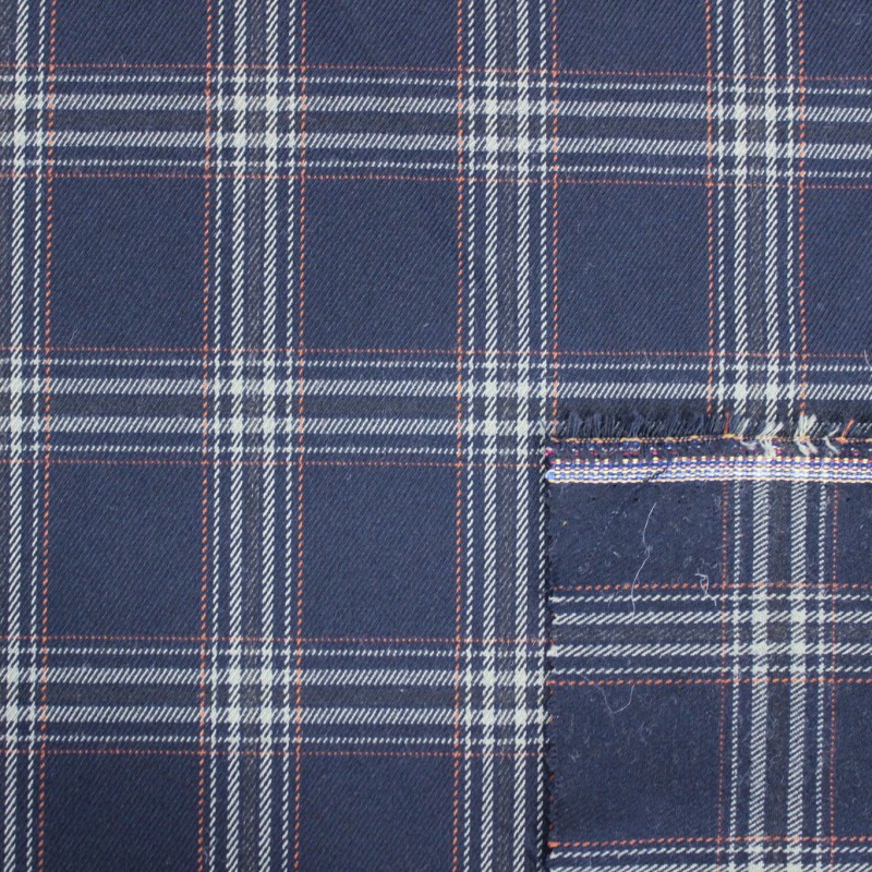 Tessuto tartan blu scuro quadri grigio e arancio | Tessuti scozzesi