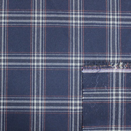 Tessuto tartan blu scuro quadri grigio e arancio | Tessuti scozzesi