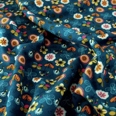 TESSUTO FELPA GARZATA COTONE BIO FIORI BLU LIGHT TESSUTI PER BAMBINI