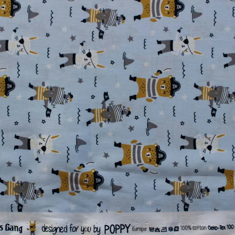 TESSUTO DI COTONE FANTASIA PIRATI / CELESTE- OEKO TEX 100- BY POPPY