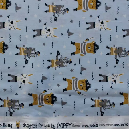 TESSUTO DI COTONE FANTASIA PIRATI / CELESTE- OEKO TEX 100- BY POPPY